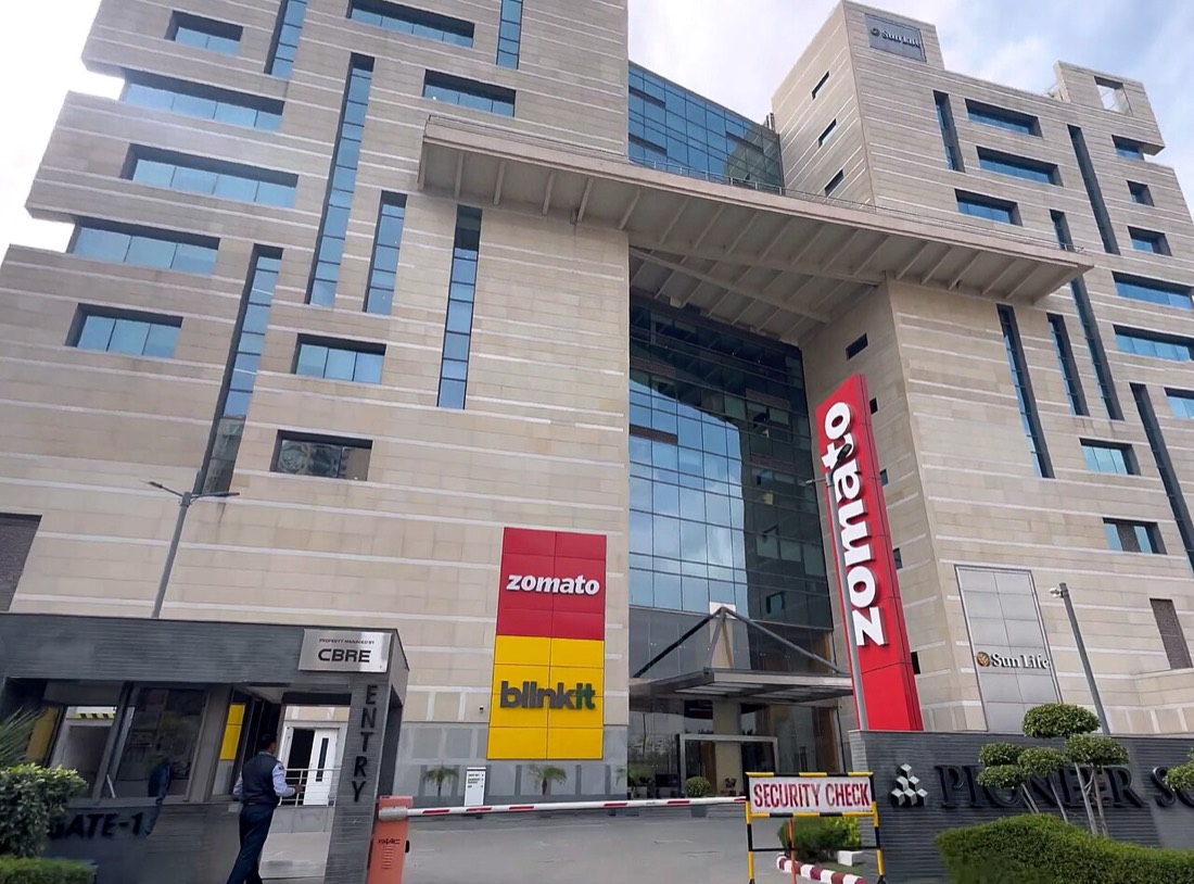 Eternal Limited's headquarters in Gurugram, with Zomato and Blinkit signage