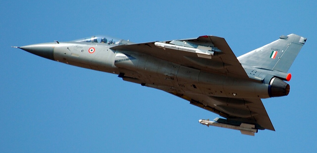 A HAL Tejas light combat aircraft built by Hindustan Aeronautics
