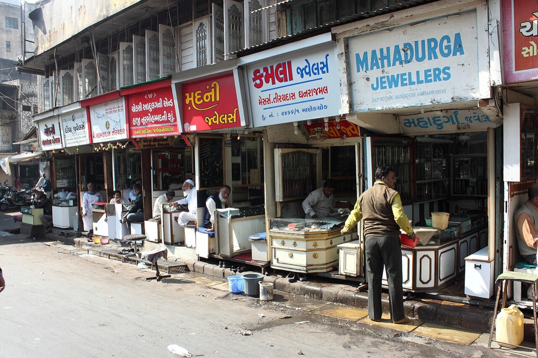 Jewellery shops in Manek Chowk, Ahmedabad, part of the retail gold jewellery trade