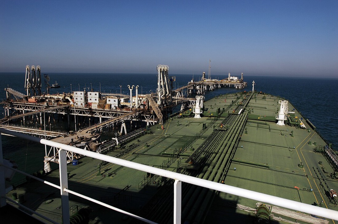 An oil tanker loading crude in the Persian Gulf, the trade route affected by US sanctions on Iranian oil
